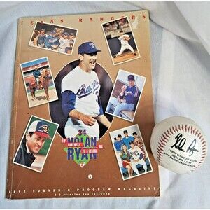 Vintage Nolan Ryan Texas Rangers Official Program and 300 Win Replica Ball Set